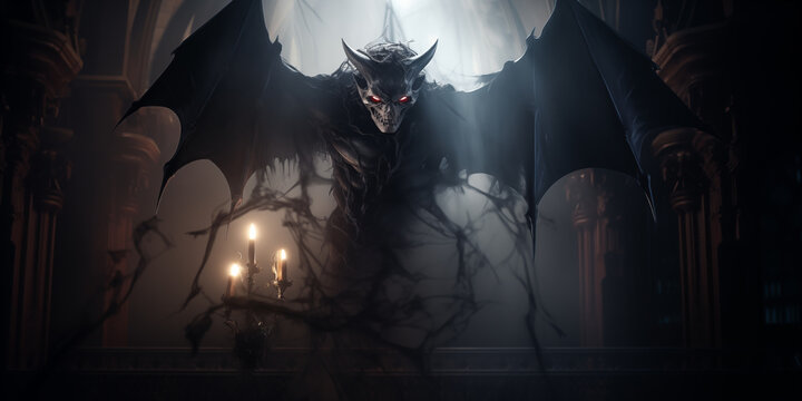 Scary evil bat vampire monster in dark room with smoke