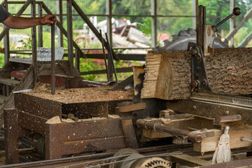 Fototapeta na wymiar Sawdust Flies at Steam Powered Sawmill Rips Through Log