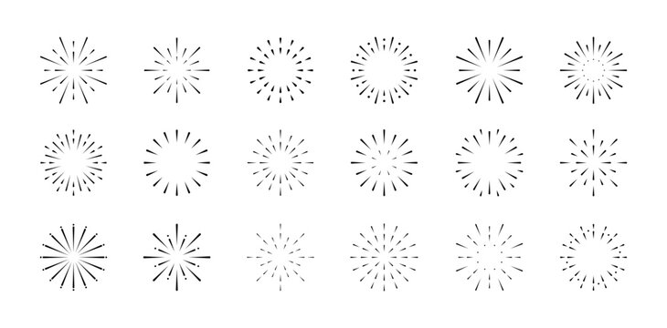 Firework various icon set, Happy new year, Sunburst collection. Round line radial frame. Festive spark isolated white background. Modern symbol element. Minimal simple style. Flat vector illustration.