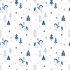 Girls riding ponies in winter, seamless vector pattern