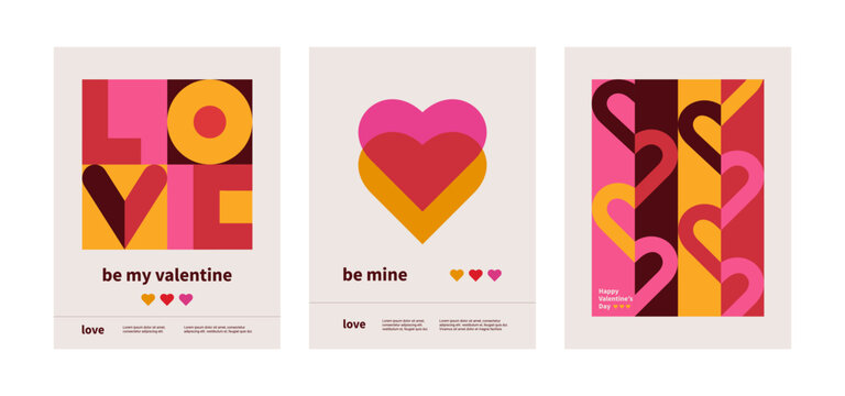set of Valentine's Day posters, greeting card, banner, label, sale promotion template, cover in geometric style. Bauhaus. Geometric print, geometric pattern