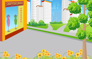 Landscape with a front of mall store  and the streets around it. A tree and beautiful flowers in the foreground. Vector illustration.
