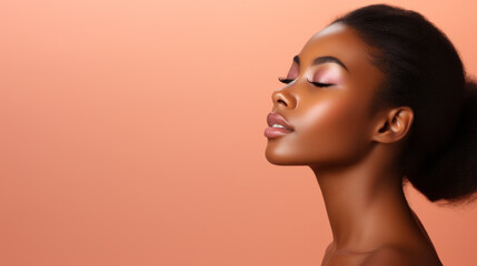 Young African American Woman with Perfect healthy smooth Skin touches her neck with her hand and looks at the camera. Isolated. Fashion Portrait of a beautiful black woman in profile, light makeup - obrazy, fototapety, plakaty