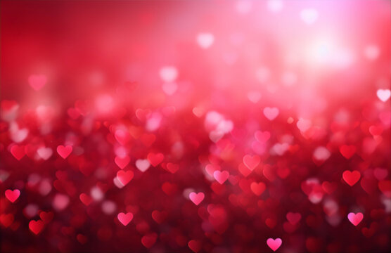 Valentines day holiday abstract blurred pink background. Falling heart shaped bokeh lights. Glittering festive illuminated texture. Love, celebration concept. Defocused hearts overlay. Party banner.