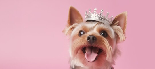 Closeup of Yorkshire Terrier dog with crown on head, studio shot on pink background.