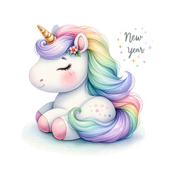 cute rainbow unicorn watercolor greeting card with new year text on white background. Happy New Year.