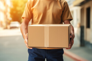 Close up hands of delivery man holding parcel box or cardboard box in front of house entrance. Distribution concept of transportation and delivery.