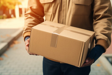 Close up hands of delivery man holding parcel box or cardboard box in front of house entrance. Distribution concept of transportation and delivery.