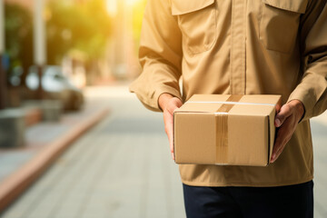 Close up hands of delivery man holding parcel box or cardboard box in front of house entrance. Distribution concept of transportation and delivery.