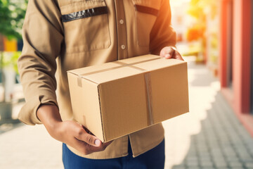 Close up hands of delivery man holding parcel box or cardboard box in front of house entrance. Distribution concept of transportation and delivery.