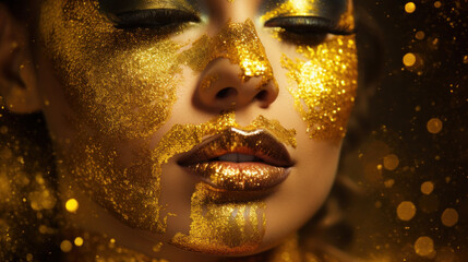 Portrait of beauty girl with golden glitter make-up shot