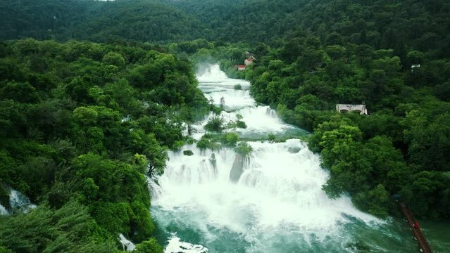 Aerial view of amazing Skradinski buk waterfall in Krka National Park, Croatia.
