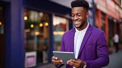 Happy young Black entrepreneur with tablet device on violet backdrop. Idea of online networking....