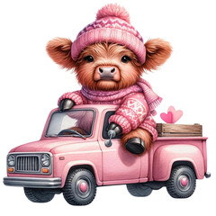 highland cow clip art , highland cow sitting on the back of a pickup truk. Valentine day concept 