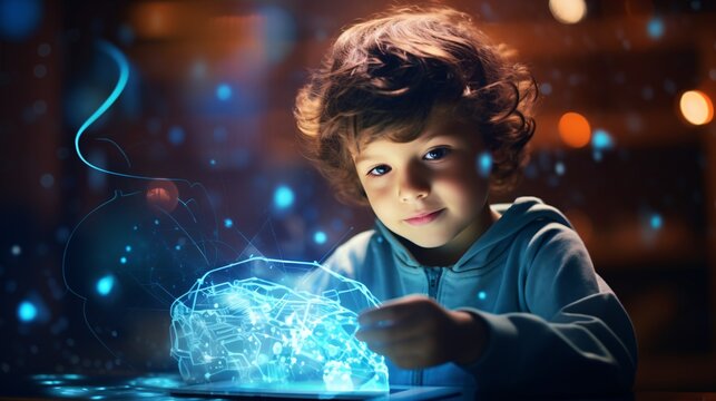 Youngster uses electronic AI brain interface with virtual AI brain and communication robot symbols, showcasing AI and blockchain technology and machine intelligence concept.