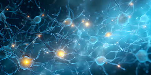 neurons in the brain, showing glowing cell bodies and connecting dendrites against a blue background