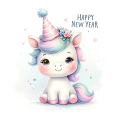 cute rainbow unicorn watercolor greeting card with happy new year text on white background....