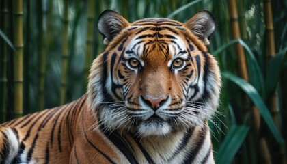  a close up of a tiger laying in front of a bamboo tree with it's head turned to the side and it's face slightly to the side.