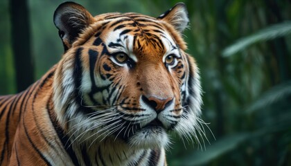  a close up of a tiger's face in front of a forest of tall grass and palm trees, with a blurry background of green grass and leaves.