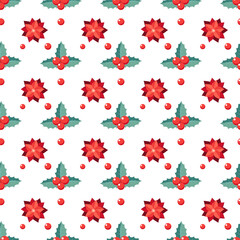 Christmas holly berries and poinsettia, seamless pattern for gift wrapping paper, festive design, traditional background.