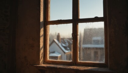  a window with a view of a snow covered roof and a building with a clock tower in the distance and a snow - covered roof is seen through the window.