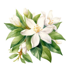 Blooming White Jasmine Flower Botanical Watercolor Painting Illustration