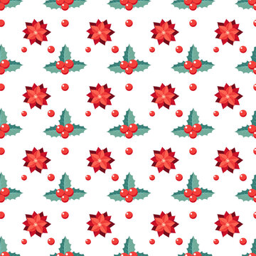 Christmas holly berries and poinsettia, seamless pattern for gift wrapping paper, festive design, traditional background.