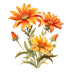 Three Blooming Orange and Yellow Gazania Flower Botanical Watercolor Painting Illustration