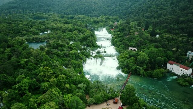 Aerial view of amazing Skradinski buk waterfall in Krka National Park, Croatia.