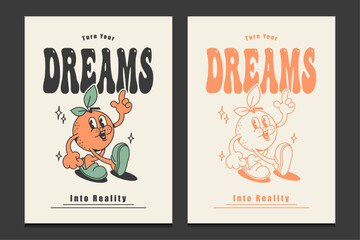 groovy 70s posters with an orange fruit cartoon character, vector illustration