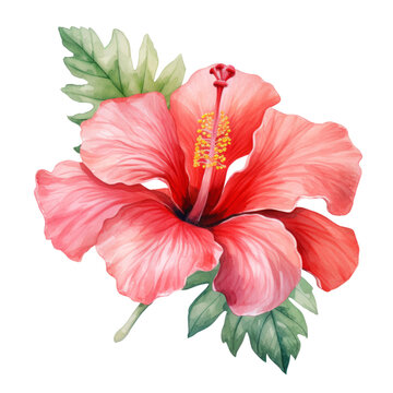 Beautiful Red Pink Hibiscus Flower Botanical Watercolor Painting Illustration