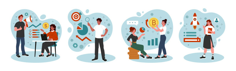 Competition leadership. Business market. Corporate achievement. Digital money marketplace analysis. Leader account research. Cryptocurrency growth. Startup project management. Vector tidy concepts set