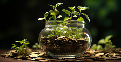 Coins and green seedlings in a glass jar for environmentally conscious saving. Using alternative energy, sustainable ecosystem, renewable energy sources, future technology.ESG ecological  concept. AI 