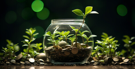 Coins and green seedlings in a glass jar for environmentally conscious saving. Using alternative energy, sustainable ecosystem, renewable energy sources, future technology.ESG ecological  concept. AI 