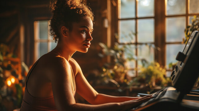 A young muscular woman is engaged in cardio training at home in a cozy atmosphere
