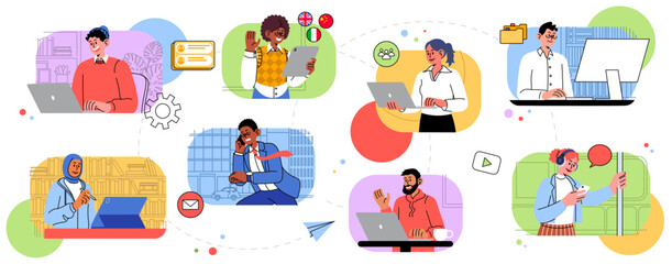 PC person. People work with tablet and computers. Internet communication. Business process. Employee at laptop. Office workplace. Businessman calling by smartphone. Data CRM soft. Vector concepts set