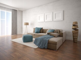 Mock up of a bright living room with a large corner sofa and a light background, 3d rendering.