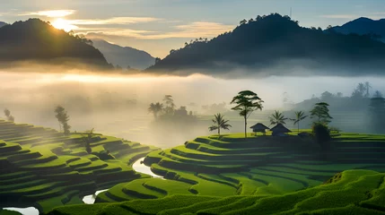Fototapete Reisfelder A terraced rice paddy in the early morning mist with a sunrise backdrop.