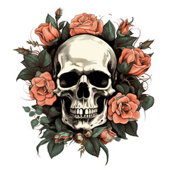 Digital png illustration of human skull with red roses on white background
