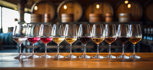 Visit a local winery or create a wine tasting experience at home with a variety of wines - obrazy, fototapety, plakaty