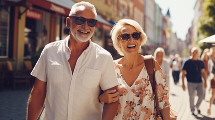 Elderly couple joyfully exploring city streets in spring. - Powered by Adobe