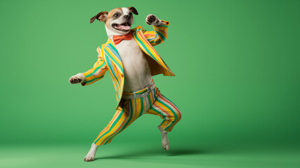 fancy dancing dog in sunglasses isolated on a vibrant background enjoying the party. festive vibes....
