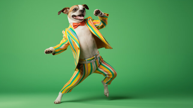 fancy dancing dog in sunglasses isolated on a vibrant background enjoying the party. festive vibes. copy space.