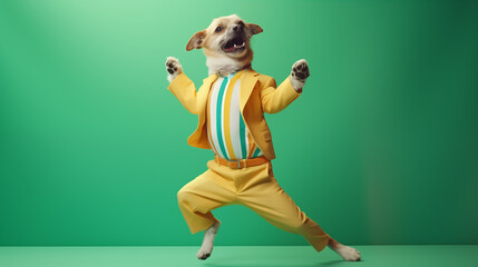 fancy dancing dog in sunglasses isolated on a vibrant background enjoying the party. festive vibes. copy space.