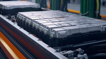 High-capacity lithium-ion battery module for hybrid or electric vehicles being manufactured on a production line in a factory.