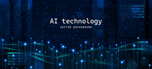 AI technology. Binary coding. Artificial data tech. Cyber network development. Science futuristic innovation. Website analytics. Business space code. Wireframe computer engineering. Vector background - obrazy, fototapety, plakaty