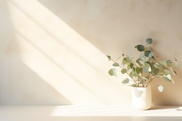 A serene composition of eucalyptus branches in a simple white vase, bathed in soft sunlight. Perfect for minimalist and natural aesthetic themes. 