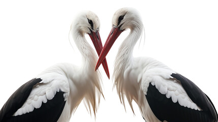 Two white storks crossing their red beaks as a symbol for love isolated on a transparent background