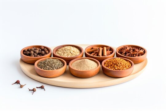 Set of spices in brown clay bowls on a white isolated background for banner. Asian spices. Seasonings for dishes