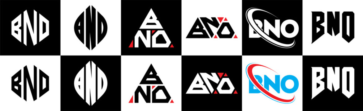 BNO letter logo design in six style. BNO polygon, circle, triangle, hexagon, flat and simple style with black and white color variation letter logo set in one artboard. BNO minimalist and classic logo